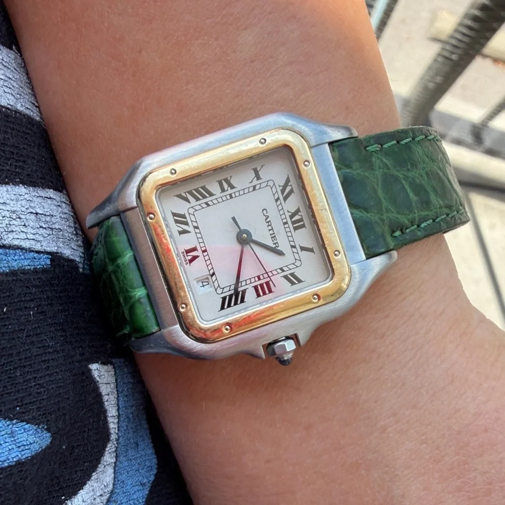 Cartier Two-Tone Square Watch with Green Leather Strap